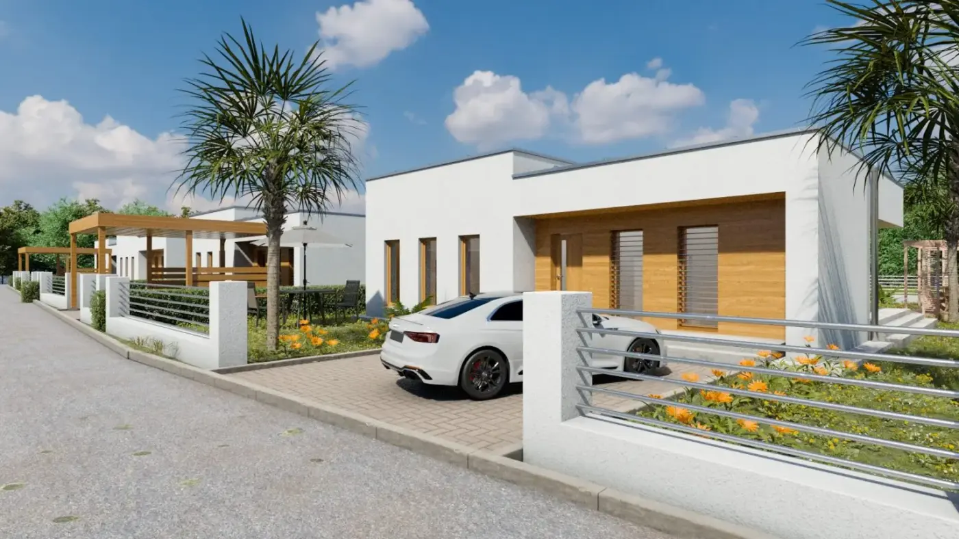 Moderný bungalov s pergolou